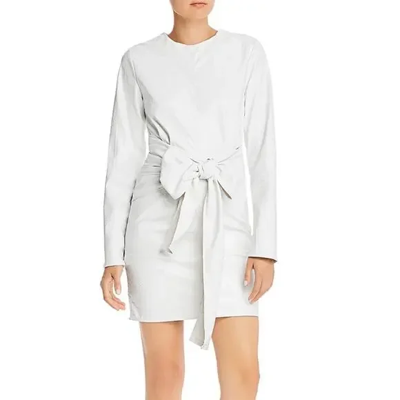 MSGM Abito Faux Leather Dress NEW Croc Embossed Tie Sash Belted White Mini Sz M - Picture 1 of 9